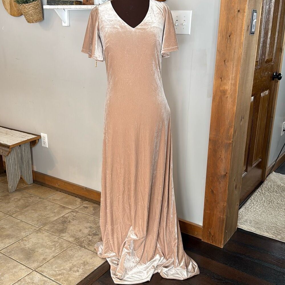 Revelry velvet bridesmaid dress size small champagne v neck flutter sleeve long